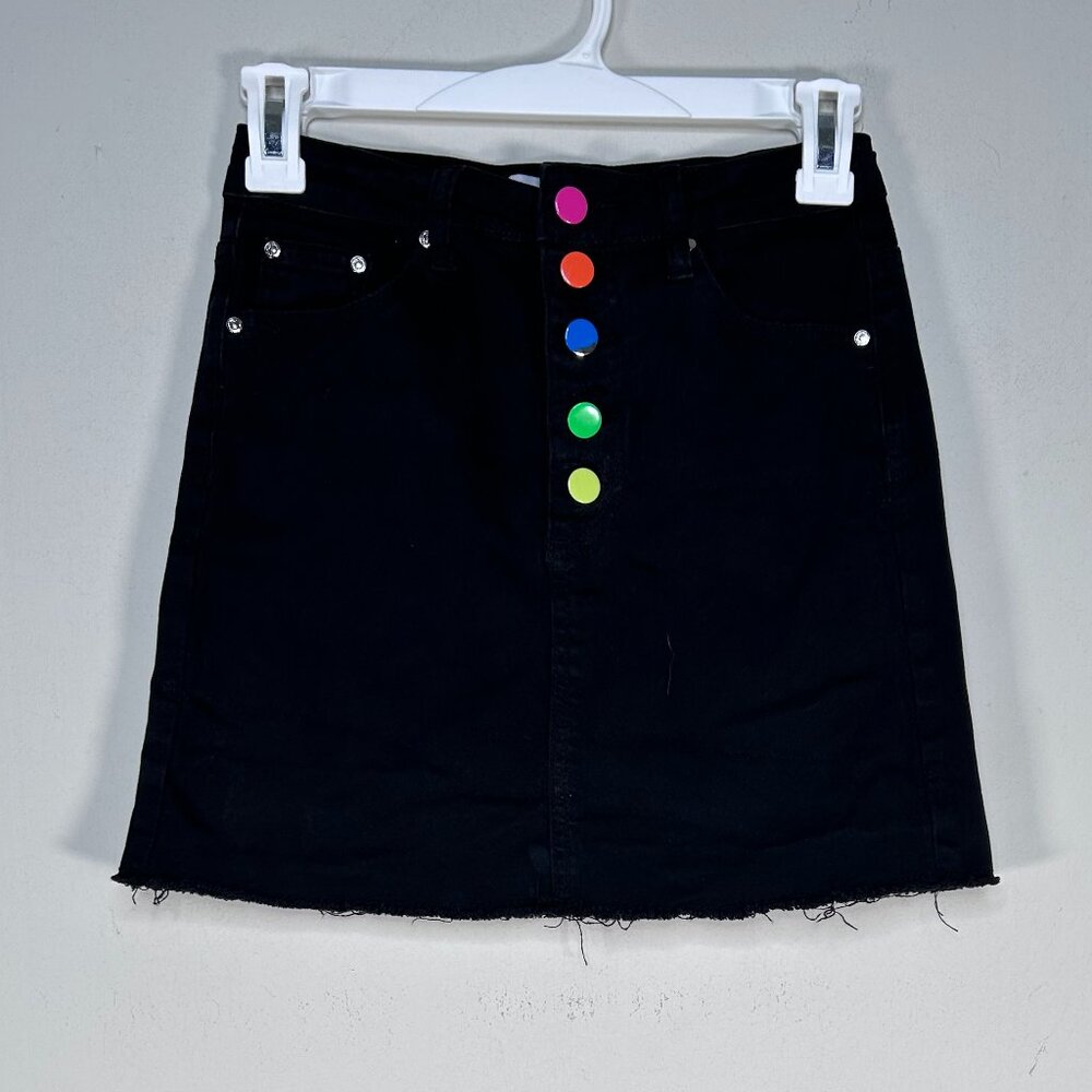 Teen Gs A-Line Denim Skirt Girls 14 Black Multicolor Button Distressed Casual